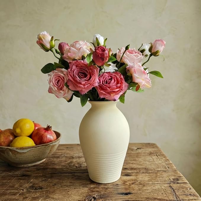 Ceramic Vase - Large & Elegant Farmhouse-Style Vases for Rustic Vintage Home Decor: Living Room, Bedroom, Office, Dining + More - Perfect for Tables, Shelves, Fireplaces & Coffee Desks (White)