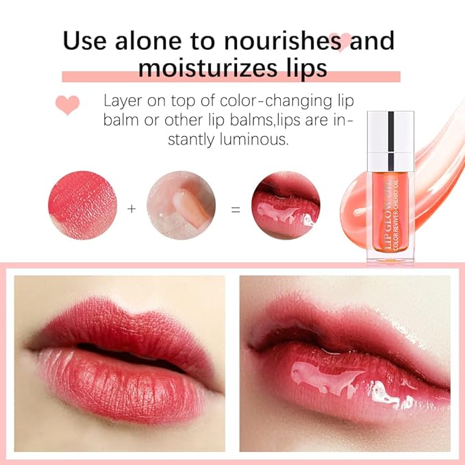 GECOMO Hydrating Lip Glow Oil, Lip Oil Gloss Transparent Toot Tinted Nourishing Long Lasting Repairing Lightening Lip Lines (RASPBERRY) 0.2 OZ