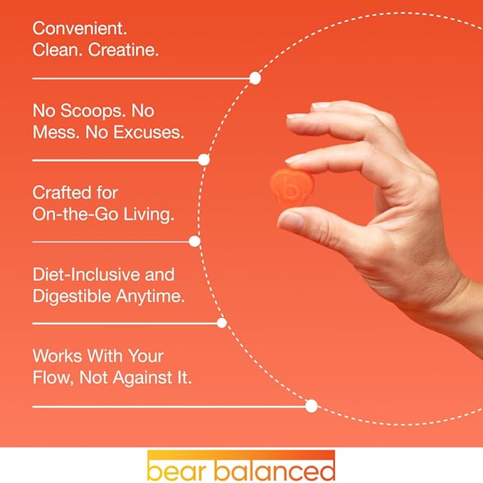 Bear Balanced Creatine Gummies for Men & Women - Creatine Monohydrate, L-Theanine, L-Tyrosine & B12 for Muscle Growth, Strength, and Focus, Peach Mango, 2 Pack