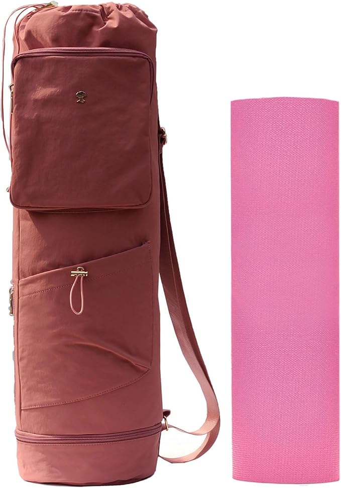 ESVAN Yoga Mat Bag with Multi Pockets Drawstring Yoga Mat Carrier Pilates Exercise Multi-Functional Storage Bag