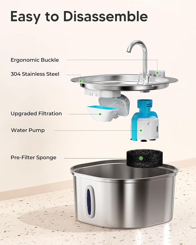 PEKTACO Stainless Steel Cat Water Fountain with 3 Filters, 3.2L/108oz | Cat drinking fountain, dishwasher safe, with triple filtration, quiet pump, and visible water window for cats and small pets