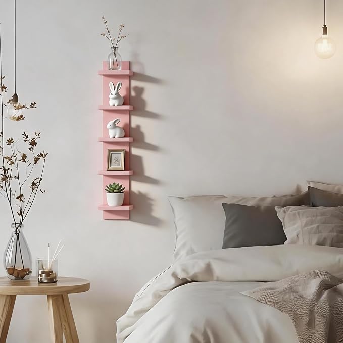 5 Tier Floating Wall Shelf, Pink | Modern Vertical Shelving Pink Room Decor Corner Shelf for Entryway, Bedroom, Bathroom, Study Room and Living Room