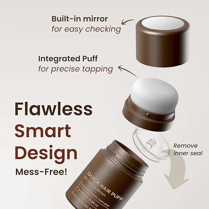The Face Shop Quick Hair Puff - Natural Brown - Root Touch Up Hair Color, Hairline Powder Conceals Hair Loss, Hair Topper for Women & Men - Hair Fibers for Thinning Hair, Root Cover Up, Gray Concealer
