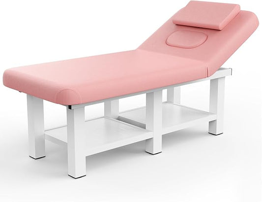 Pink Wide Stationary Massage Table with Backrest for Treatment Table Physical Therapy Table Spa Facial Bed, Metal Frame PU Leather 31.5'' Wide 75'' Long Heavy Duty Professional Stationary Massage Bed