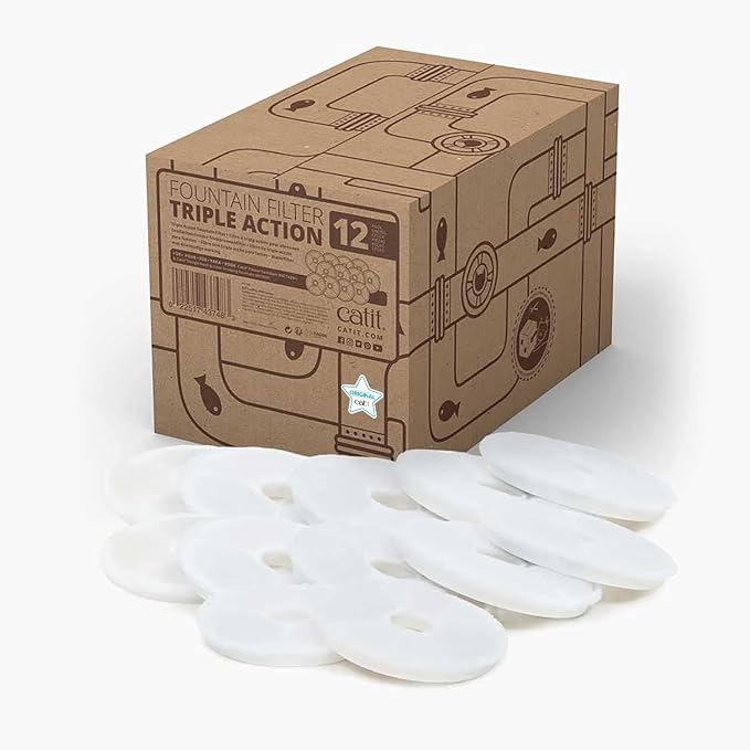 Catit Triple Action Replacement Original Water Fountain Filters, 12 Pack | Official Replacement Filters for Catit Cat Drinking Water Fountains