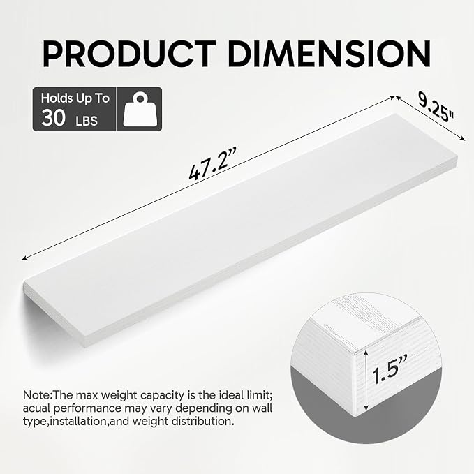 BAYKA White Floating Shelves 47.2in, Set of 2, Wall Mount Rustic Wood Shelf | Easy Install, 30lbs Max Load, Hidden Bracket, for Bathroom Bedroom Kitchen Office Storage Decor, Multi-Wall Compatible