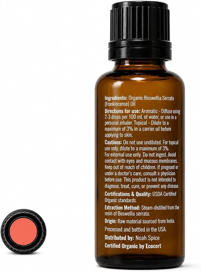 Organic Frankincense Essential Oil, 30 mL | USDA Organic, GC/MS Tested, Steam Distilled, Boswellia Serrata, 100% Pure & Undiluted, Skin Care & Diffuser