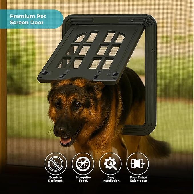 Large Dog Screen Door, 13 x 17 inches, Doggie Door for Screen Door, Magnetic Self-Closing Dog Cat Door with 4-Way Entry, Black (Large)