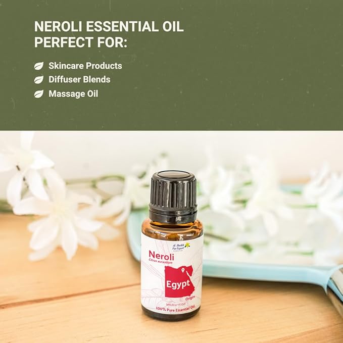 Neroli Essential Oil - Direct from Al Sheikh for Export Egypt - Steam Distilled - Aceite de Neroli for Aromatherapy, Massage, Diffuser, DIY Candle and Soap Making - 5ml