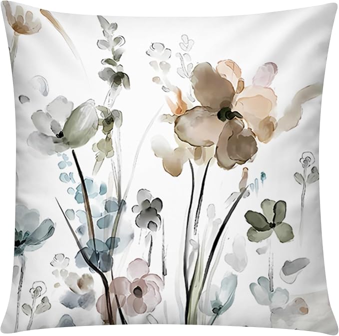 Watercolor Throw Pillow Covers 18x18 Set of 6, Botanical Floral Home Decor | Artistic floral, Standard Throw Pillow Size, Breathable Linen, Neutral flower, Couch Sofa Living Room, spring summer decor