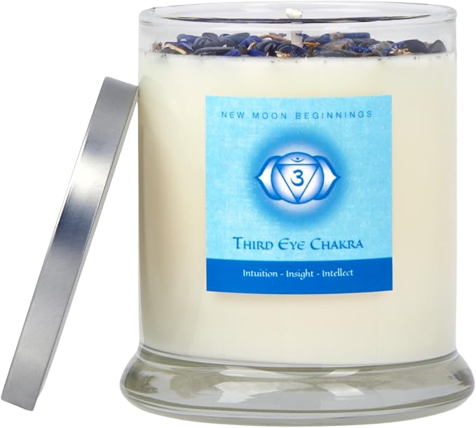 Third Eye Chakra Candle by New Moon Beginnings - Chakra Candles - Dried Flower, Herb, & Crystal Candles - Aromatherapy Candles - Soy Candle - 12oz Glass Jar