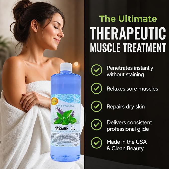 SPA REDI Mint Eucalyptus Professional Massage Oil – 5-Oil Botanical Blend for Deep Tissue Relief & Dry Skin | Vitamin E, Almond, Avocado & Sunflower Oils | Cruelty-Free, Sulfate-Free | 32 oz