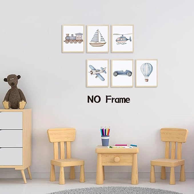 Nursery Car Wall Art Set of 6, Baby Boys Poster Canvas Prints, Blue Kids Car Train Plane Boat Hot Air Balloon Wall Decor Toddler Vehicle Painting Watercolor Artwork Picture 12x16 inch Unframed
