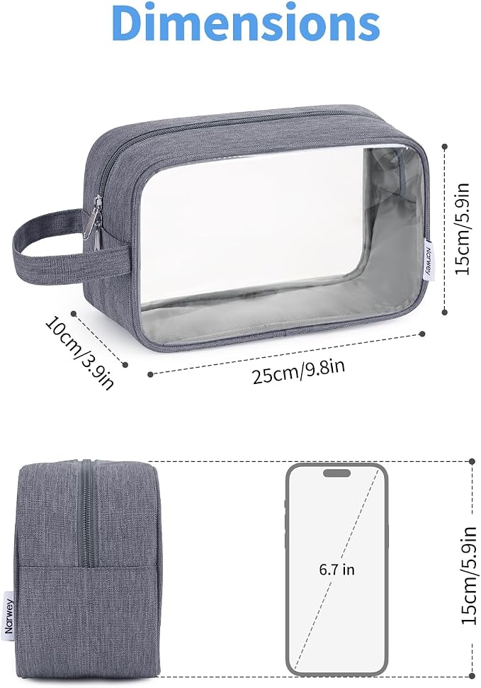Narwey Clear Travel Toiletry Bags for Traveling Toiletries Men Women, Clear Makeup Bag Cosmetic Bag with Zipper, Make Up Pouch Organizer Bag with Handle, Skincare Beach Snack Medicine Bag, Grey