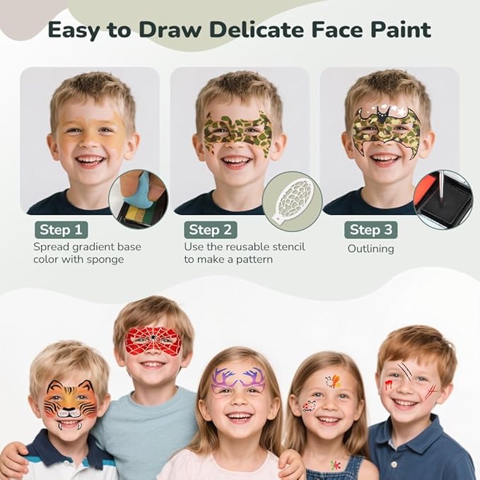 Janolia Face Painting Kit for Kids, Camo Face Paint Kit, Water Activated Face Paint, Rainbow Split Cake Face Body Paint, Ideal Facepaint Makeup Kit for Kids Party Cosplay Halloween Easter Carnival
