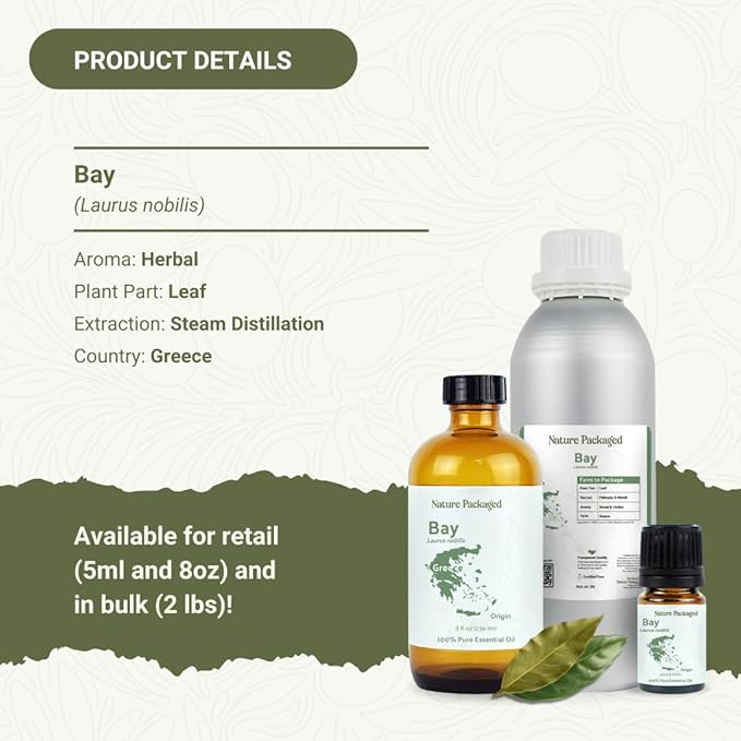 Bay Essential Oil - Direct from Greece - Steam Distilled - Laurel for Aromatherapy, Massage, Diffuser, DIY Candle and Soap Making - 8oz