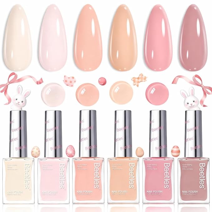 Beetles Nude Nail Polish Set - Vanilla Cloud, 6 Corlors Pastel Nail Polish Pink Quick Dry, Long-Lasting Pastel Nails for Summer & Spring Nails Art Effect for Manicure Salon
