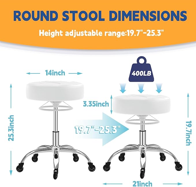Rolling Stool Heavy Duty 400lb: Super Soft Seat Cushion,360° Swive,Height Adjustability,No Squeaky Noises,No Tip Over,New Upgraded Stool Salon stool Chair, Tattoo Facial Massage Spa Medical (White)