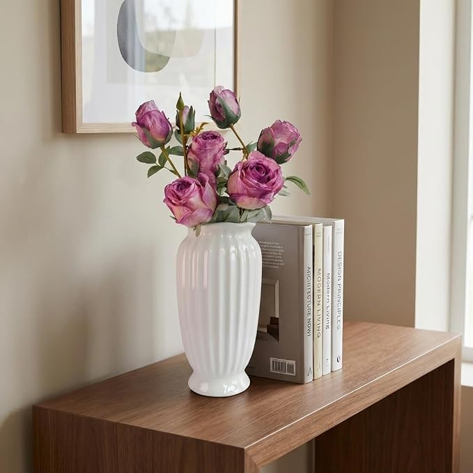 White Ceramic Vase, 9.1 Inch Water Safe Vase for Fresh Flowers, Farmhouse Home Decor Table Centerpieces for Living Room Cabinet Wedding (Rustro 9'')