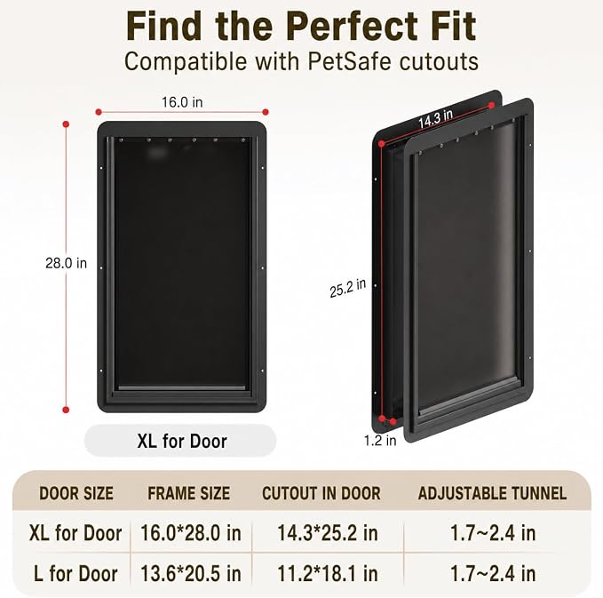 URSPET XL Dog Door for Door, 2-Flap Insulated, Steel Frame, Black | 14.2 x 24.2 in Usable Opening, For 1.7-2.4 in Doors, Compatible with PetSafe Door Cutouts, Lock Handle, Replaceable Flaps