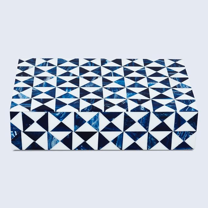Handicrafts Home Blue and White Decorative Storage Box with Lid– Coffee Table Storage Box, Handmade Resin Inlay Wooden Box, Remote Control Holder, Decorative Organizer, Keepsake & Jewelry Box - 8x5x2