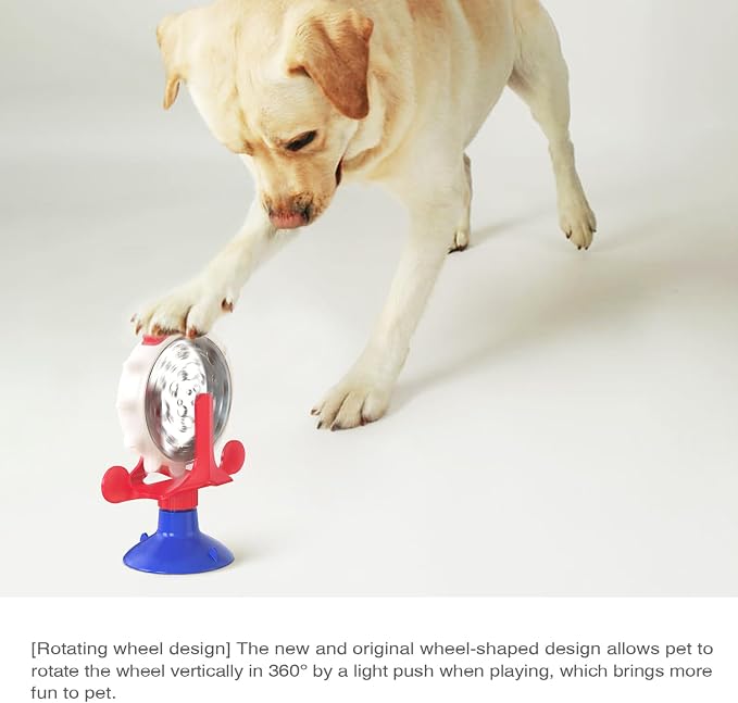 Interactive Cat Slow Feeder, Rotating Durable Dog Puzzle Toy, Mental Stimulation Treat Dispenser with Powerful Suction Cups for Cats and Dogs (Red Blue)