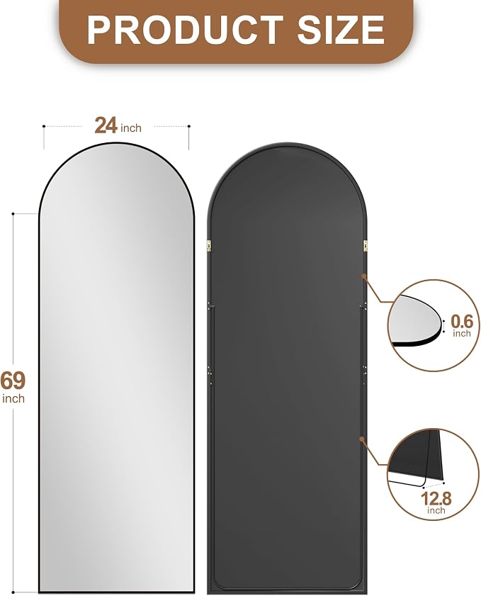 Arched Full Length Mirror with Stand, 69x24 Black Floor Mirror | Aluminium alloy frame with HD float glass for distortion-free reflection. Free standing or wall mounted.