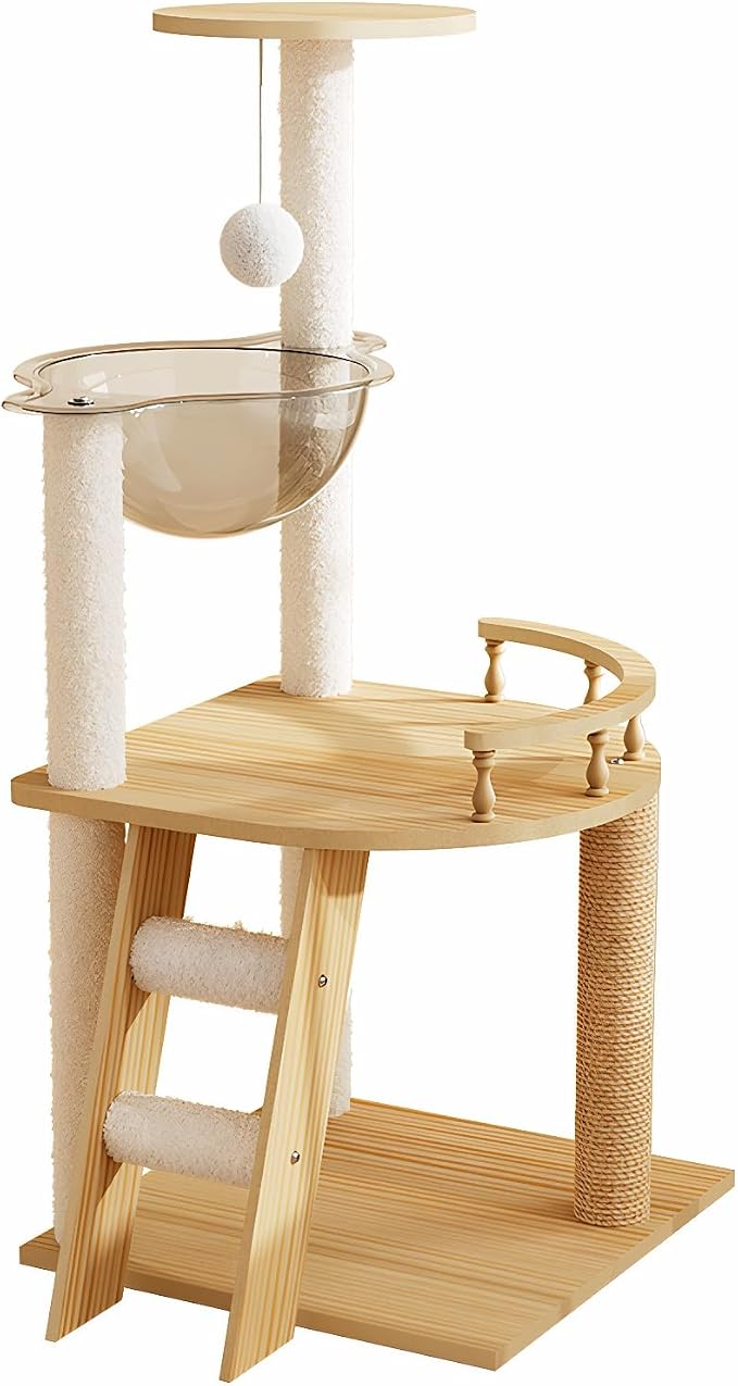 Cat Tree & Litter Box Enclosure,Modern All-in-one Indoor Cats Tower with Large Platform, Cat Condo with Wood House, Food Station, Hammocks (41.3”)