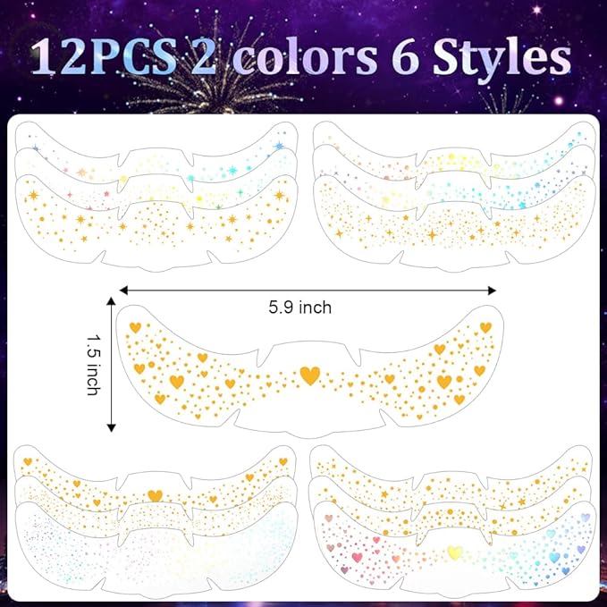 12pcs Glitter Freckles,Face Glitter Freckles Face Tattoo Sparkle for Teenagers Young Women, Gold Holographic Face Body Makeup Patches for Christmas Halloween Rave Fairy Accessories Outfits