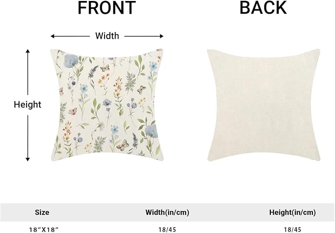 Spring Pillow Covers 18x18 Inch Set of 2, Sage Green Blue Wild Flower Throw Pillows Case,Colorful Seasonal Floral Plant Outdoor Decorative Farmhouse Decor Cushion Covers for Home Sofa Bed Couch