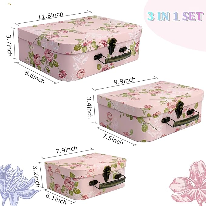 Paperboard Suitcases Set of 3 Decorative Storage Boxes With Lids, Gift Boxes With Lids For Presents, Compatible with Travel Dollhouses, Wedding Card Box or New Year Decorations (Pink Flowers)
