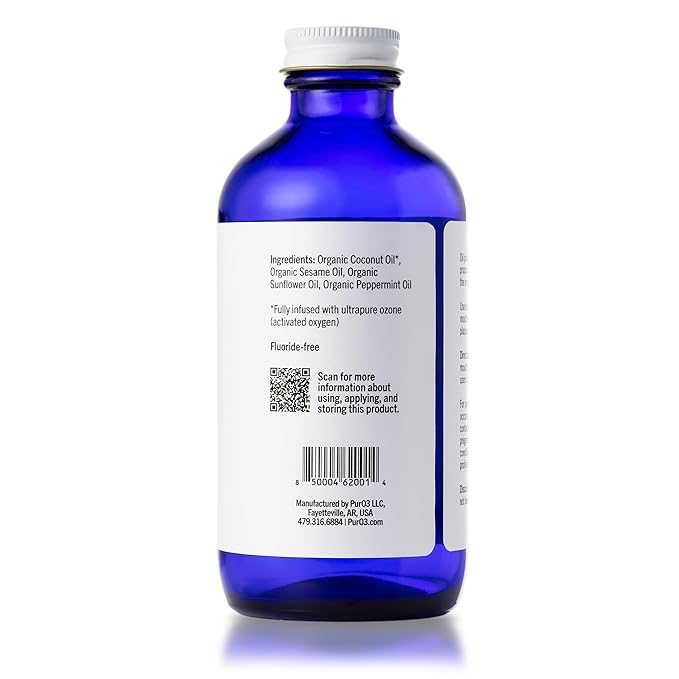 PurO3 Ozonated Oil Pulling Solution - Organic, Ozone Infused Coconut, Sesame, Sunflower, & Peppermint Essential Oils for Teeth & Gums - Fluoride-Free, Non-Toxic & Non-GMO Oral Care, 8 oz