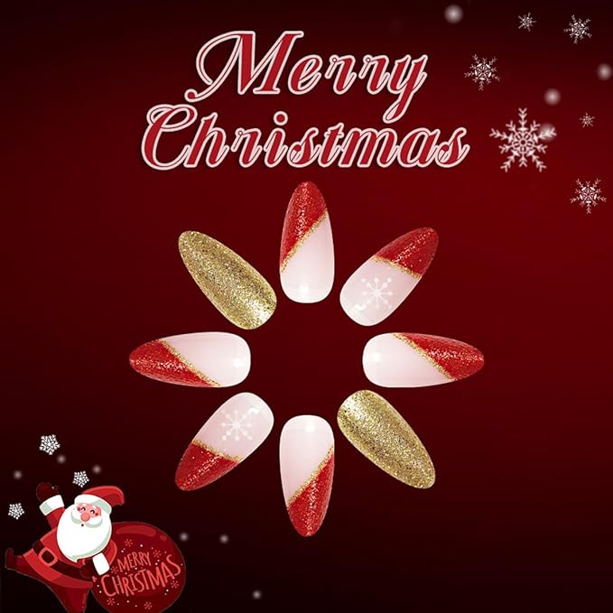 Christmas Nails Press ons Red French Tip Fake Nails Medium Almond False Nail Artificial Acrylic Glossy Full Cover Gold Glitter Glue on Nail Snowflakes Stick on Nail for Women Xmas Manicure 24Pcs