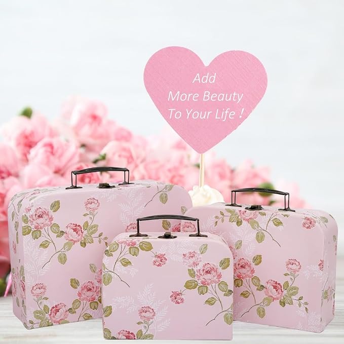 Paperboard Suitcases Set of 3 Decorative Storage Boxes With Lids, Gift Boxes With Lids For Presents, Compatible with Travel Dollhouses, Wedding Card Box or New Year Decorations (Pink Flowers)