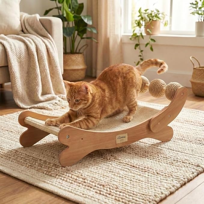 Sisal Cat Scratcher Bed with 3 Ball, Hammock Lounge Indoor Cats | Scratch Pad & Furniture Protector, Modern Wood 3-In-1 Multi-Use for Scratching, Resting & Playing Large Cats Space-Saving