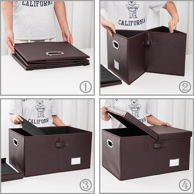 Collapsible Storage Box with Lid [3-Pack] Leather Fabric Foldable Storage Bin Organizer Container Basket Cube with Cover for Home Bedroom Closet Office Nursery Brown(22.8X15.7X11.8)