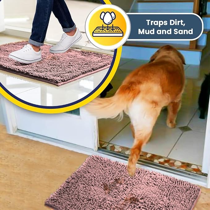 Muddy Mat® | Super Water Absorbent Door Mat Indoor, Microfiber Quick Dry Chenille Entryway Rug, Slip Resistant Front Door Mat, Indoor Mats for Entryway, Machine Washable Pet Rug, Pink 24"x36"