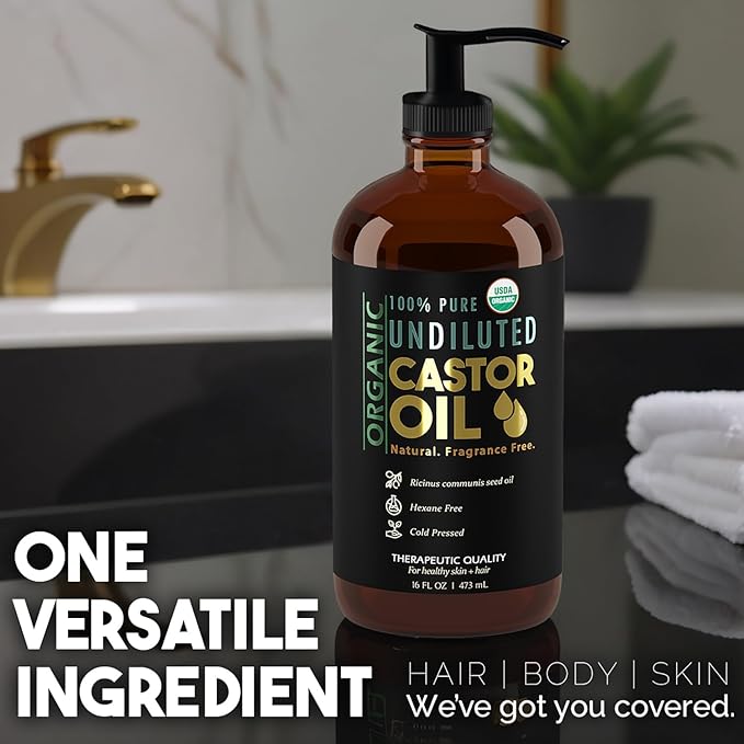 BALM OF GILEAD Organic Castor Oil for Skin Hydration - Therapeutic Cold Pressed, USDA Certified 100% Pure, Glass Bottle - 16 oz Unrefined, Hexane Free, Castor Oil for Hair & Eyelashes Growth