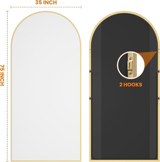 Arched Full Length Mirror, 75"x35" Standing Body Mirror for Wall, Gold | Built-in Stand, HD Shatterproof Glass, Aluminum Alloy Frame, Hanging or Standing, for Bedroom, Living Room & Dressing Room
