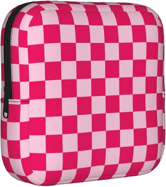 Pink And White Checkered Checker Checkerboard Square Grid Period Bag For Women,Portable Sanitary Napkin Period Pad Pouch For Purse, Small Make Up Bags