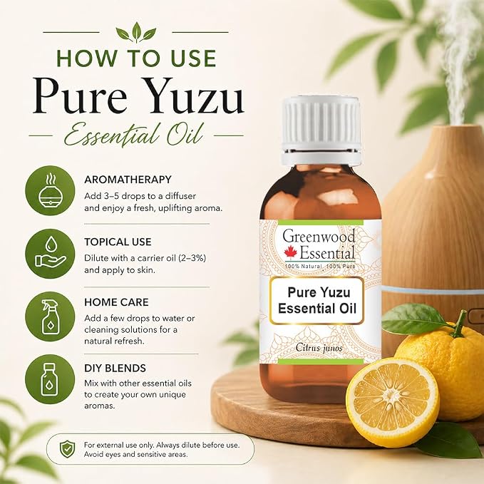 Greenwood Essential Yuzu Oil (Citrus Junos) | Cold Pressed | Natural | Undiluted | for Diluting Essential Oils | for Skin & Massage | Men & Women | 30ml (1 oz)