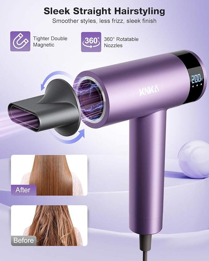 KNKA Hair Dryer, 1500W High Speed Blow Dryer with 4 Temps & 3 Speeds, Fast-Drying Negative Ionic Hair Dryer for Women, 110,000 RPM Hairdryer Low Noise with Nozzle for Home Travel Salon, Purple