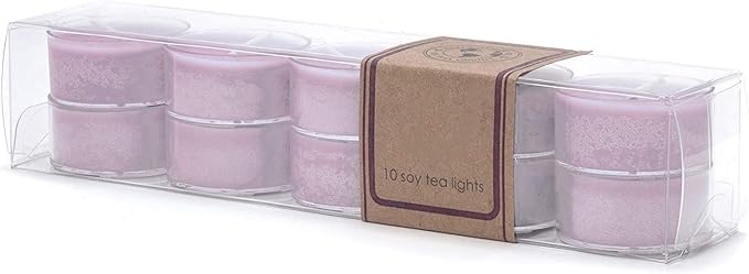 Eco Candle Co. Pure Lilac Tea Light Candles, 10-Pack, 9 Hr Burn Time | Scents of Pure Lilac Bushes - Recyclable Plastic Cups, No Lead, Hand Poured, Made from Midwest Grown Soybeans, .6 oz. Each