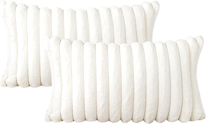 Soleebee Set of 2 Throw Pillow Covers Soft Cozy Velvet Pillowcase Faux Rabbit Fur Cover for Couch Sofa Bed Chair Home Decorative Pillows Cover (12x20 Inch, Beige White)