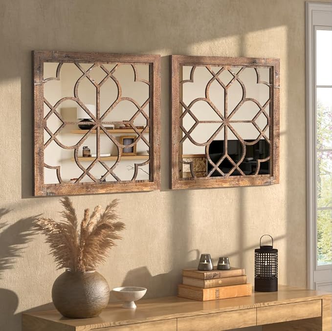 Set of 2 18 Inch Large Square Maroon Window Pane Wall Mirrors, Shatterproof Rustic Farmhouse Boho Vintage Accent Mirrors for Living Room, Bedroom, Bathroom, Entryway & Home Decor
