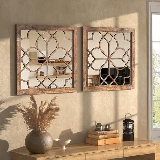 Set of 2 18 Inch Large Square Maroon Window Pane Wall Mirrors, Shatterproof Rustic Farmhouse Boho Vintage Accent Mirrors for Living Room, Bedroom, Bathroom, Entryway & Home Decor
