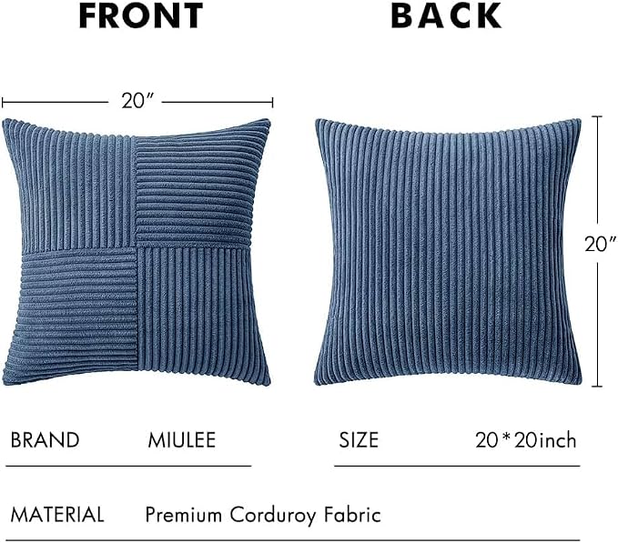 MIULEE Dusty Blue Decorative Throw Pillow Covers for Couch 20x20 Inch | 2 Pack, Boho Farmhouse Pillow Covers, Soft Cross Corduroy Patchwork Textured Cushion Cases For Bed Sofa