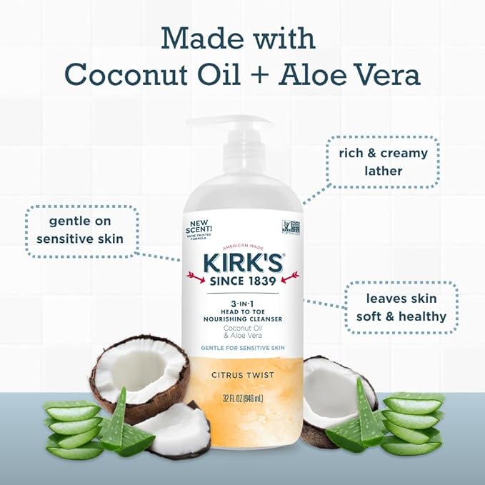 Kirk's 3-in-1 Head to Toe Nourishing Liquid Cleanser- for Men, Women & Children - Premium Coconut Oil & Aloe Vera- Non GMO & Vegan - Citrus Twist - 32 Fl Oz. - 2 Pack
