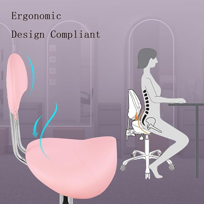 Saddle Chair Rolling Ergonomic Swivel Chair with Soft Comfortable Cushion and Wheels Hydraulic Adjustable Stool for Home Office Dental Tattoo Salon Shop Use with Backrest (Pinksilver)