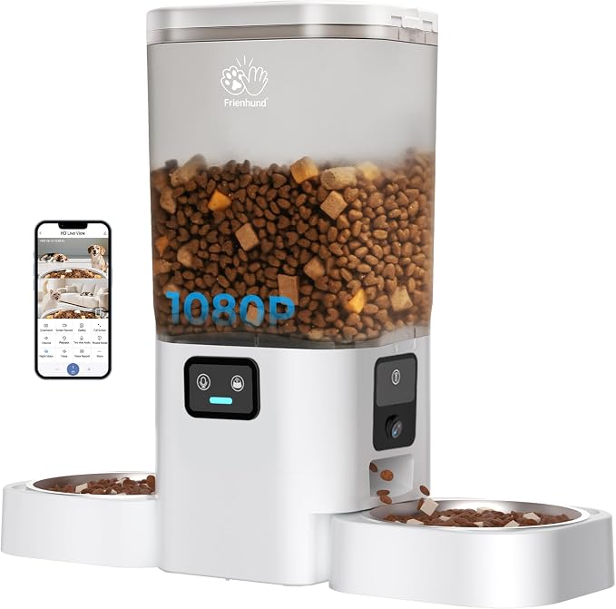 Frienhund Dual Automatic Cat Feeder with Camera for 2 Cats: 5G WiFi Automatic Dog Feeder with Night Vision, 7L Auto Cat Food Dispenser with Two Camera for Multiple Pet, Easy to Clean-29 Cup(ACF180W-A)